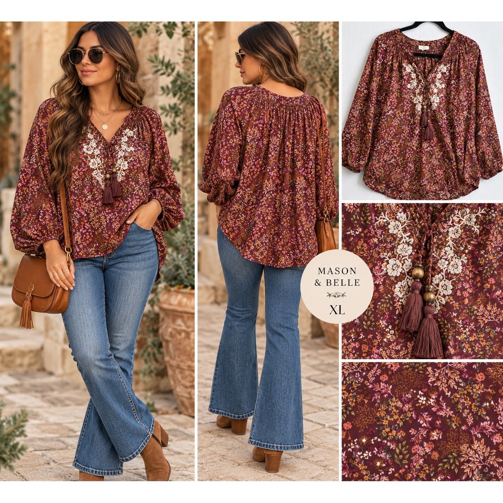 Mason & Belle Burgundy Floral Embroidered Tassel Peasant Blouse XL